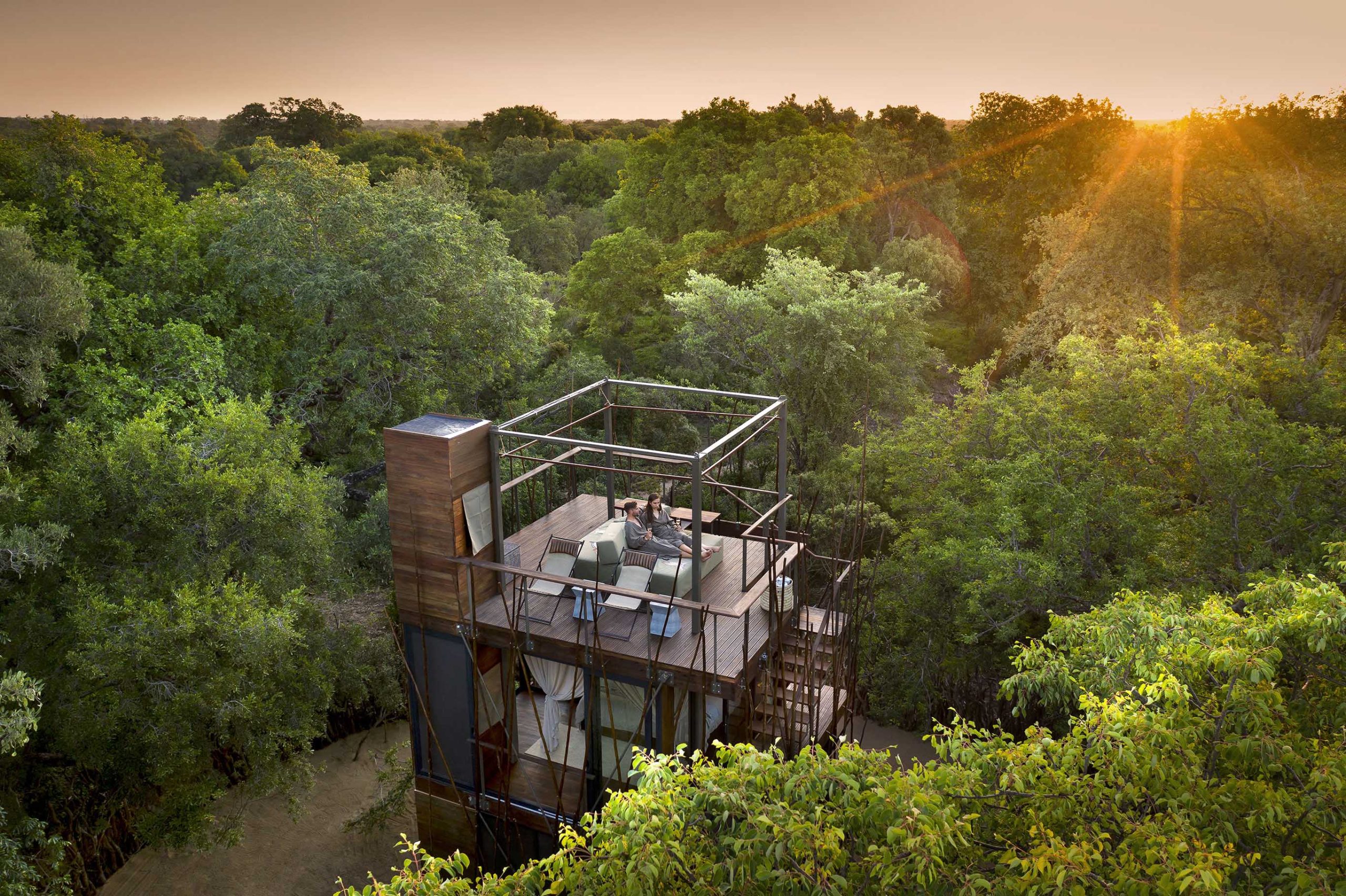 aerial view of the Ngala Treehouse during sunset