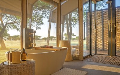 A view from one of the bathrooms at the Singita Sabora Tented Camp