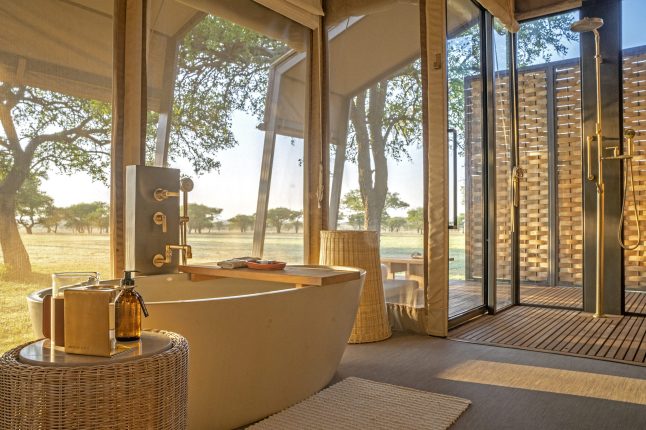 A view from one of the bathrooms at the Singita Sabora Tented Camp