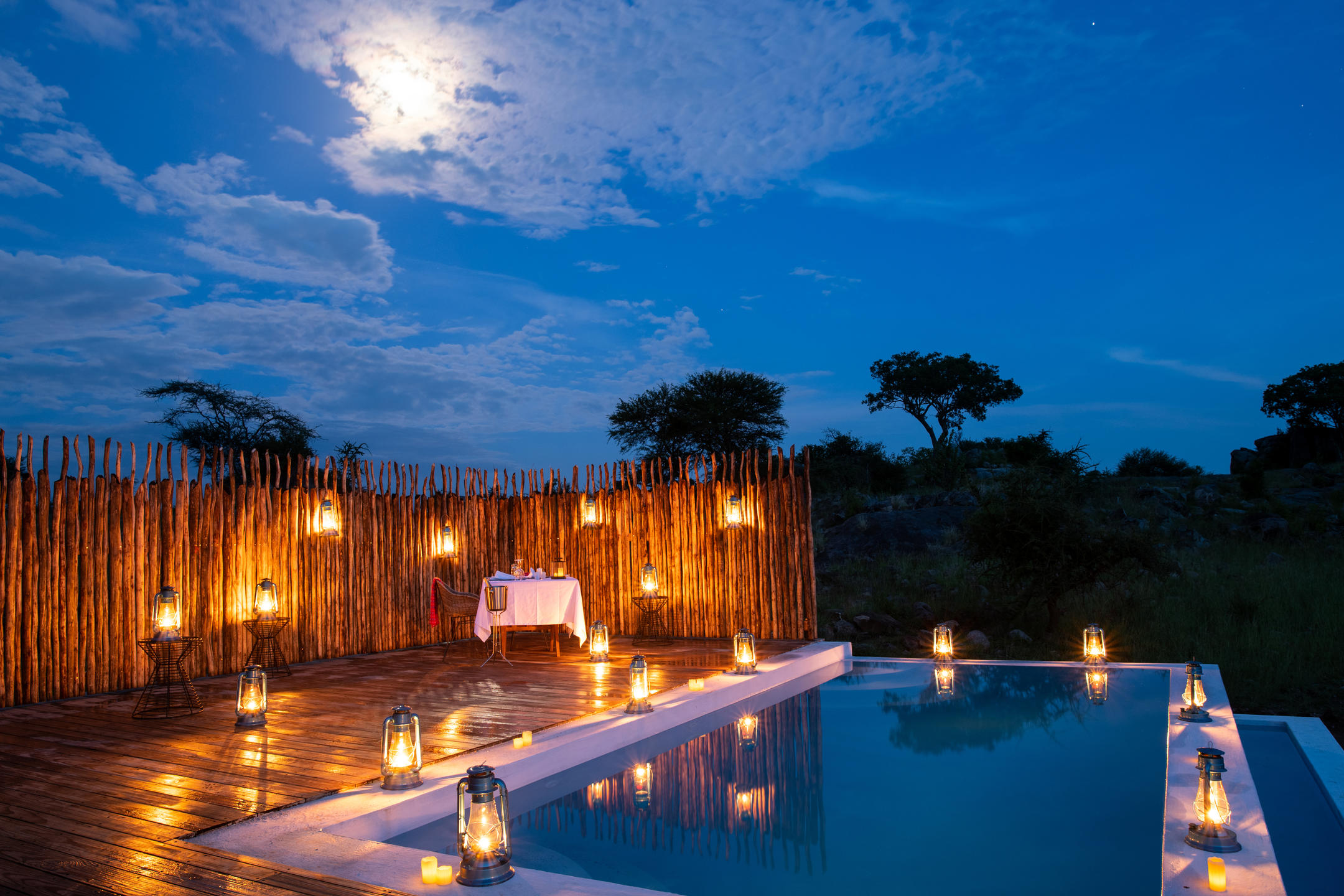A view of the pool at the Lemala Nanyukie Lodge at night