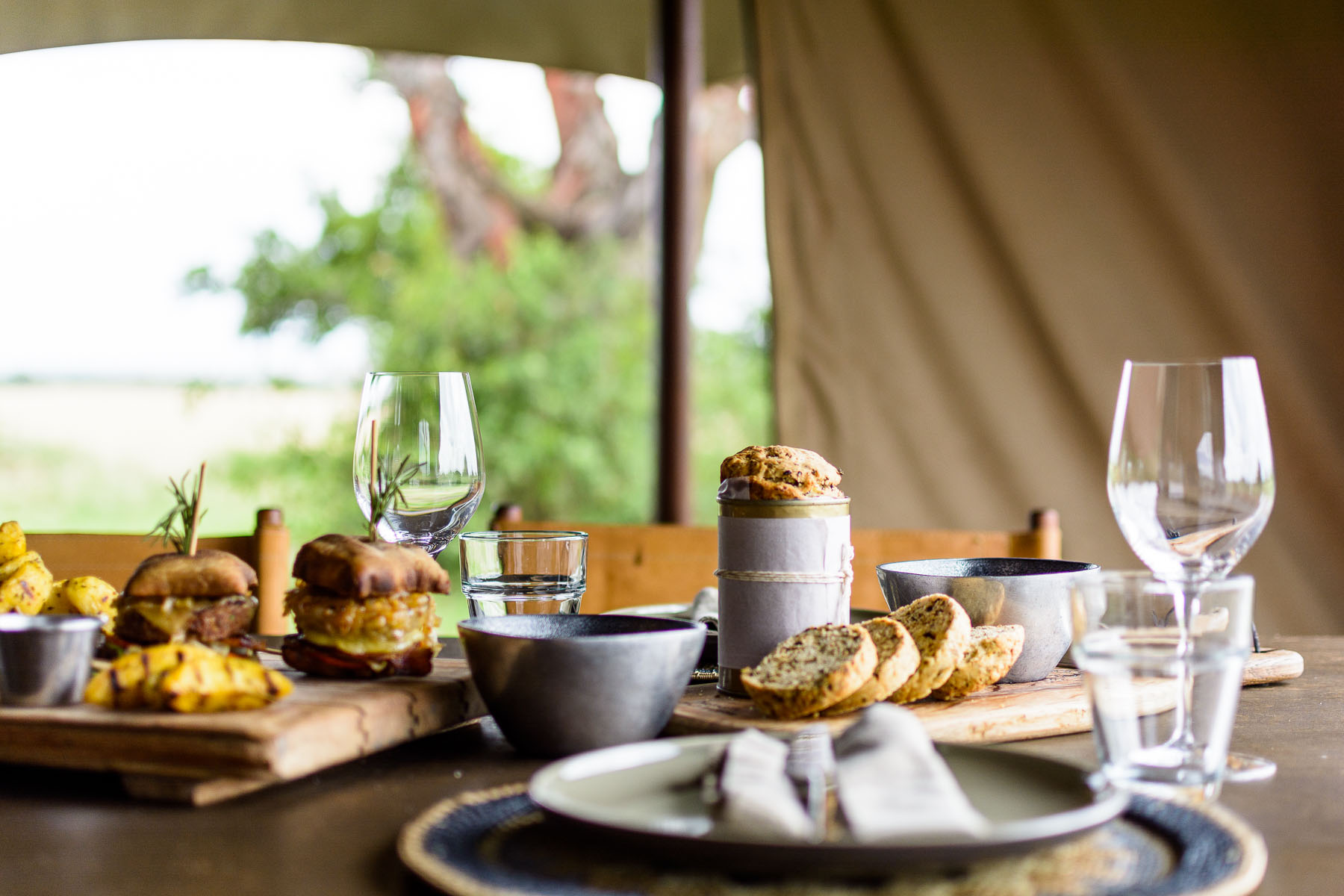 A spread of food in one of the excursion tents at the Singita Explore Lodge