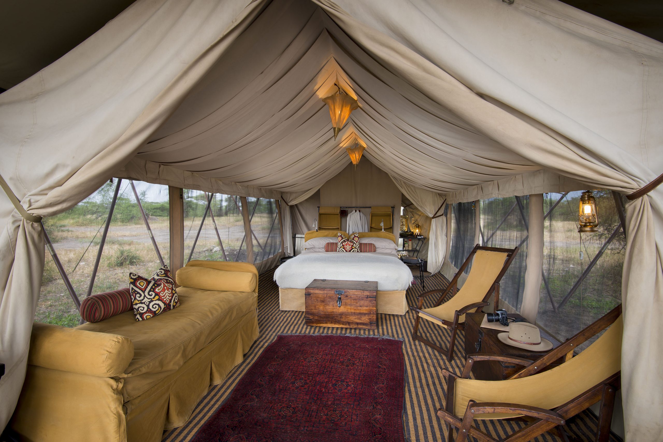 The interior of one of the tents visitors stay at while at andBeyond Savute Under Canvas camp