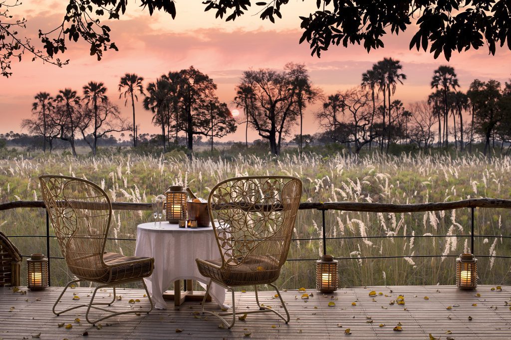 A view out from the guest drinking deck area at the Sandibe resort in Botswana