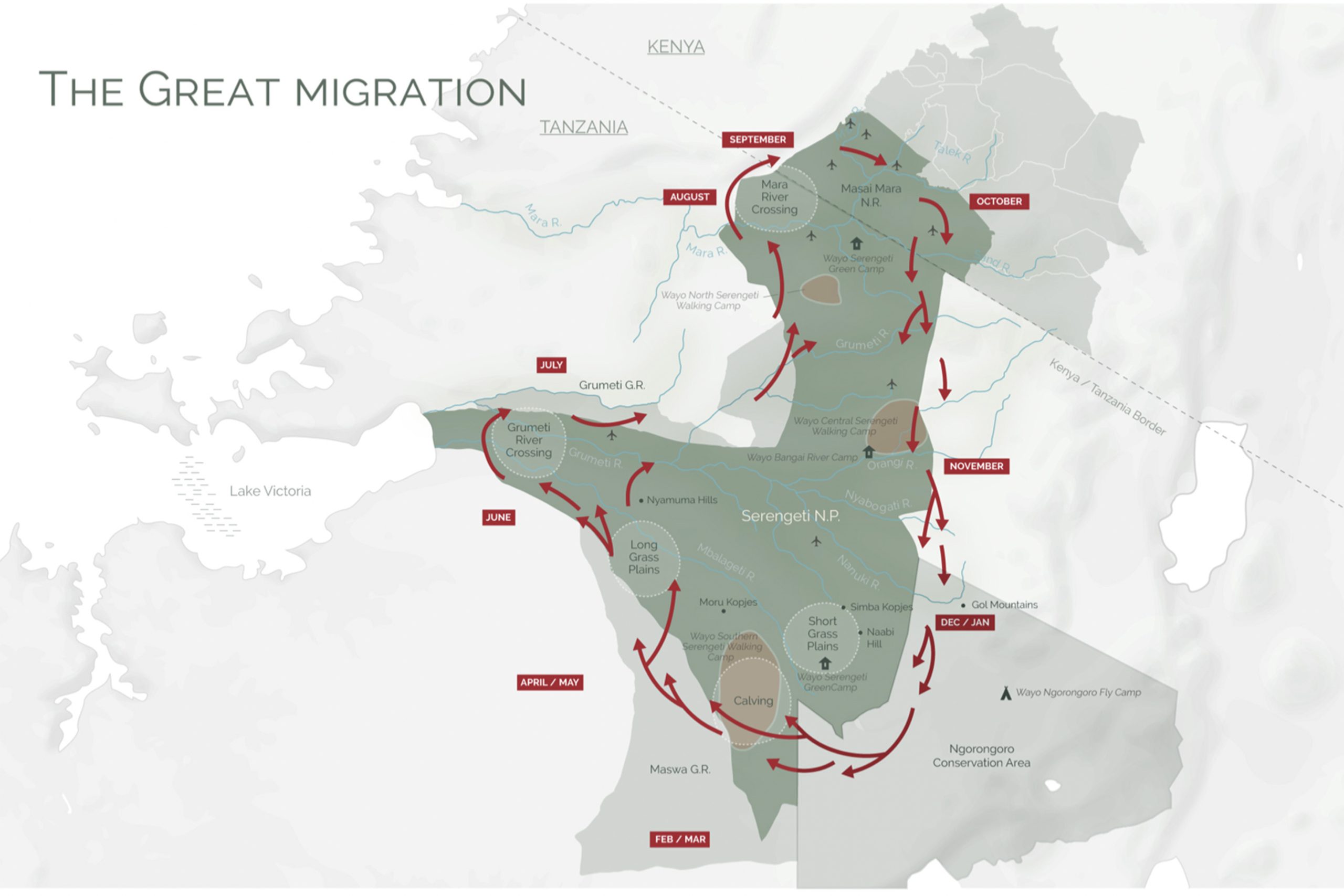 Great Wildebeest Migration Map. Courtesy of African Hub (c) 