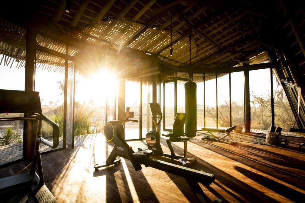 The view looking out of the exercise room to the rising morning sun.