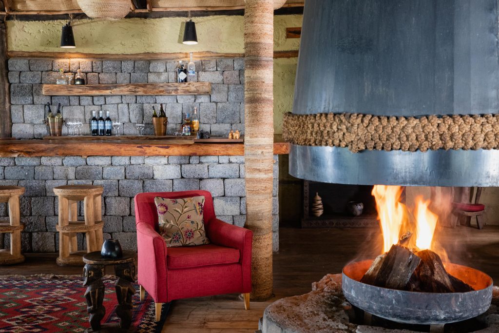 One of the fireplaces at the Virunga Lodge