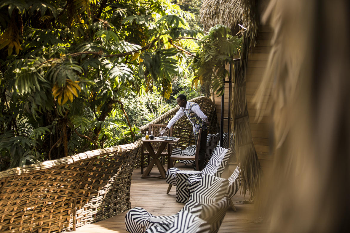 View of the deck on one of the villas at Wilderness Bisate, Rwanda