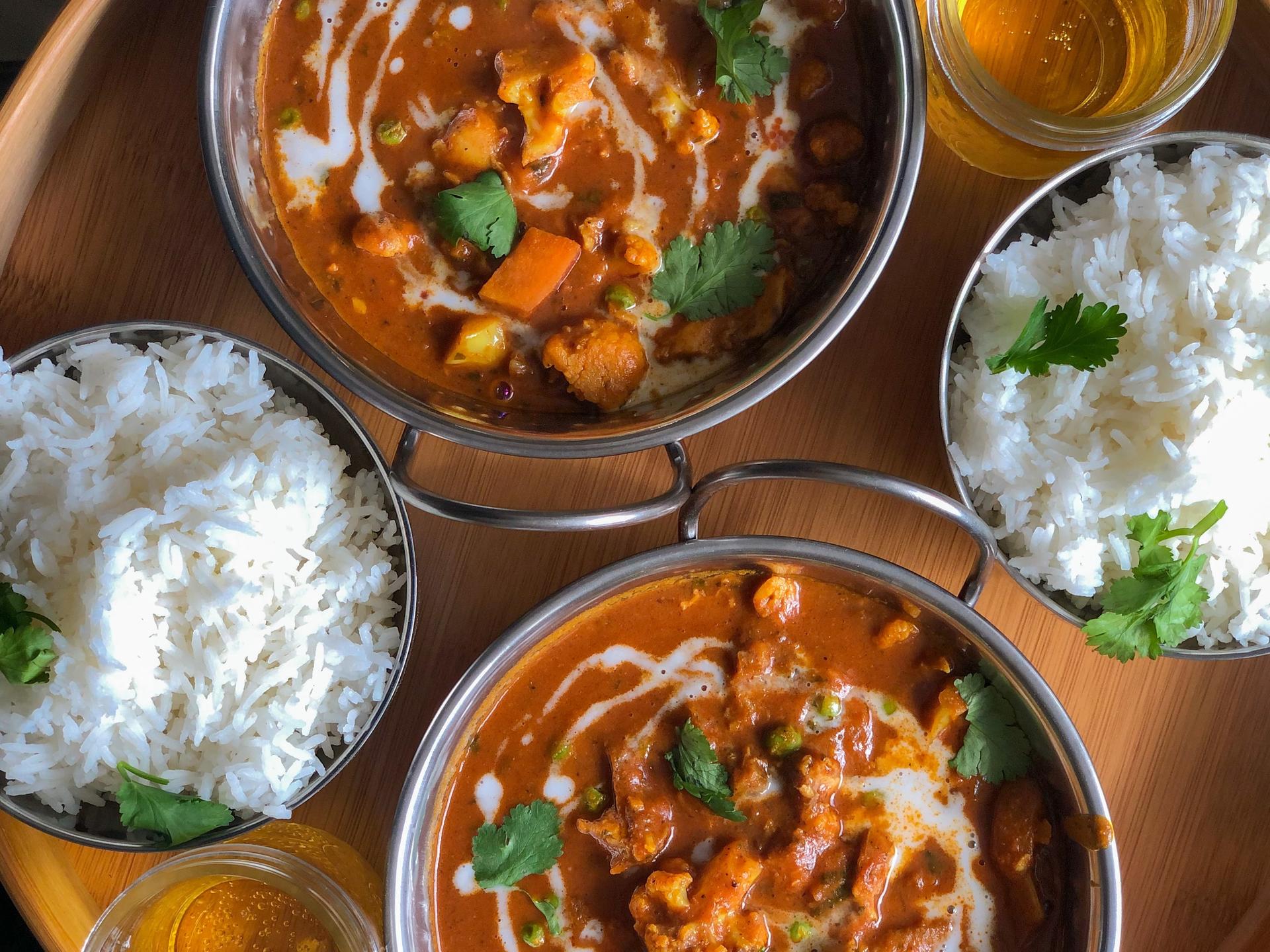 An arragement of rice and curry