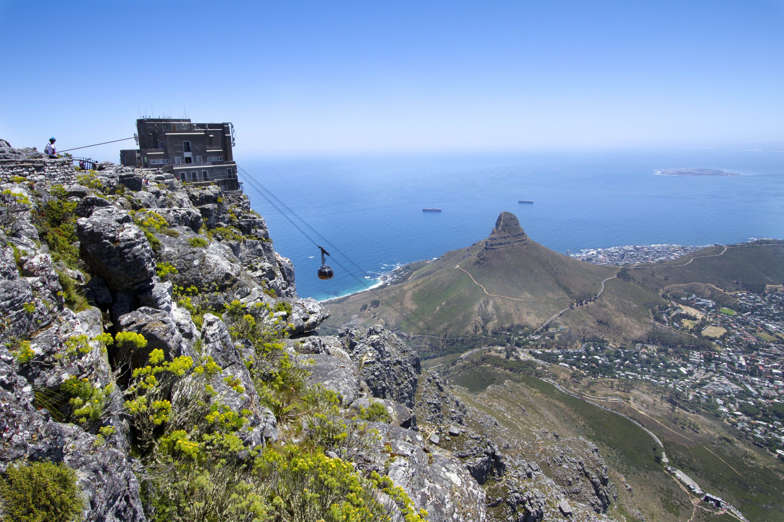 A view of the cablecar taking visitors to and from the Table Mountain above Cape Town, South Africa