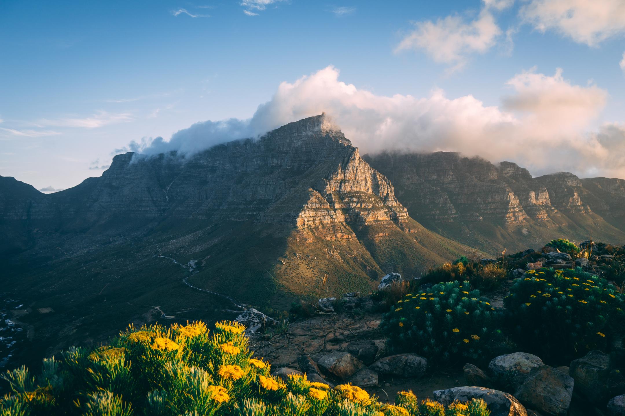 A view of Table Mountain above Cape Town during sunrise