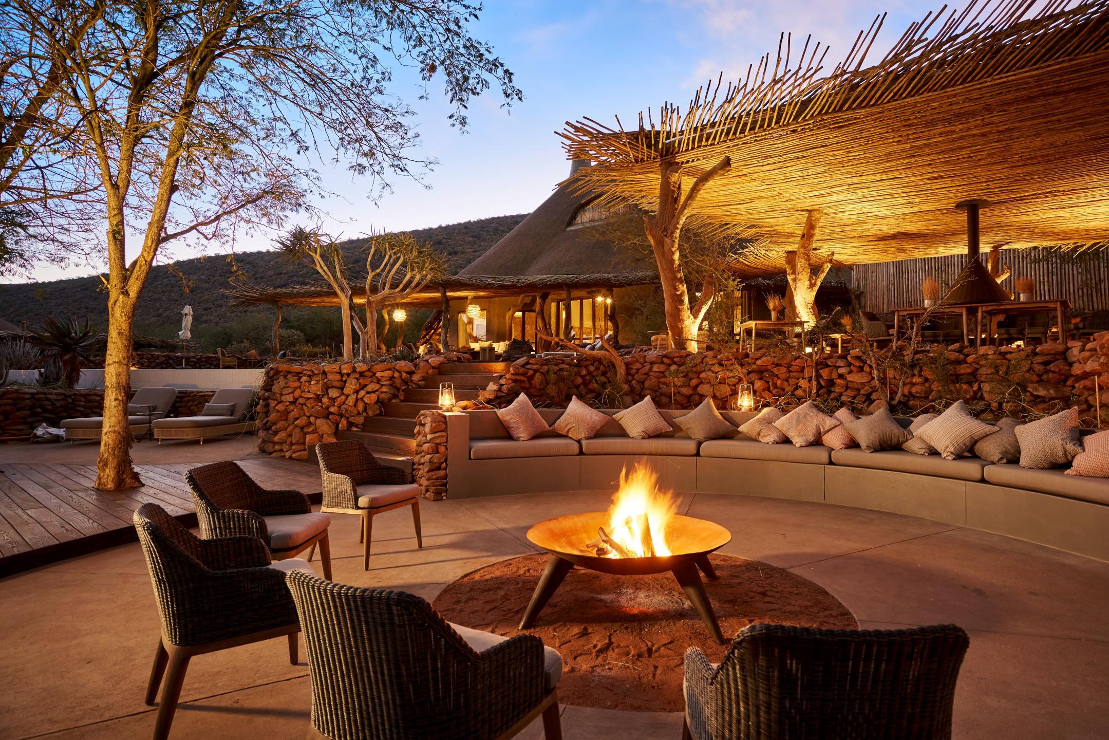 The outdoor fireplace at Tswalu's The Motse lodge