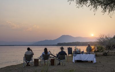 Green Safaris, Sausage Tree Camp sundowners. Lower Zambezi National Park, Zambia