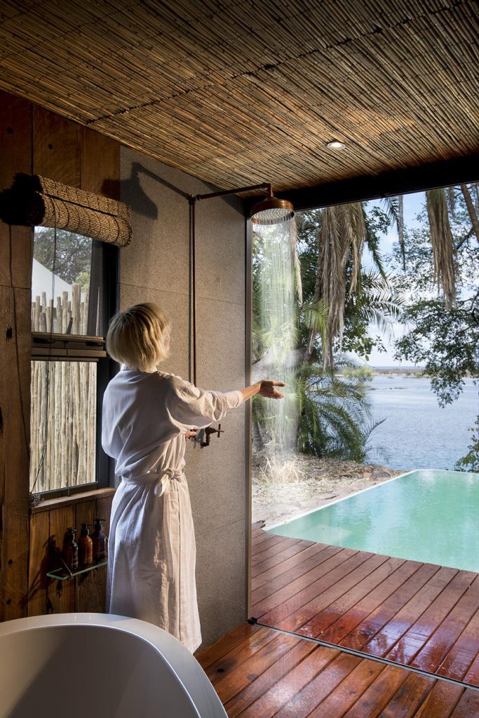 Shower with a view at Thorntree River Lodge, Mosi-Oa-Tunya National Park, Zambia