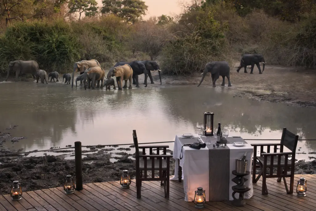 Romantic safari dinner at African Bush Camps Kanga Expeditions Camp in Mana Pools, Zimbabwe