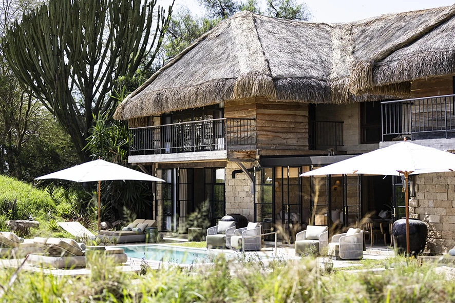 Outside view and pool area of Segera House, Laikipia Plateau, Kenya